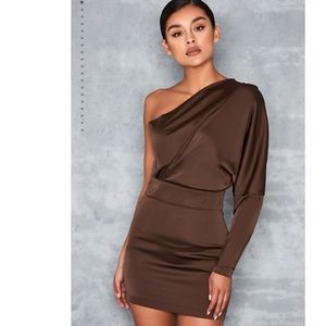 Mistress Rocks, 'Award Ceremony' Dark Khaki One Sleeve Drape Dress, Size XS